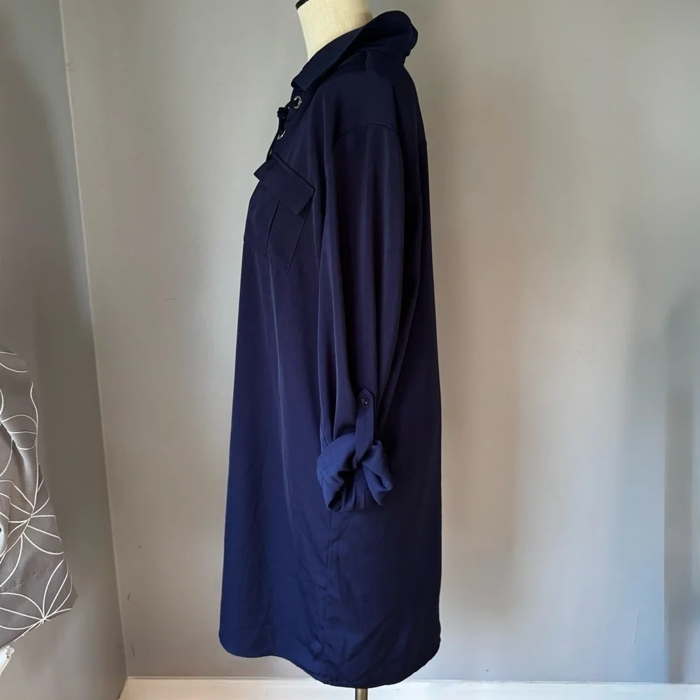 41 Hawthorn Blouson Roll Tab Sleeve Navy Blue Shirt Grommet Tie Dress Size L
